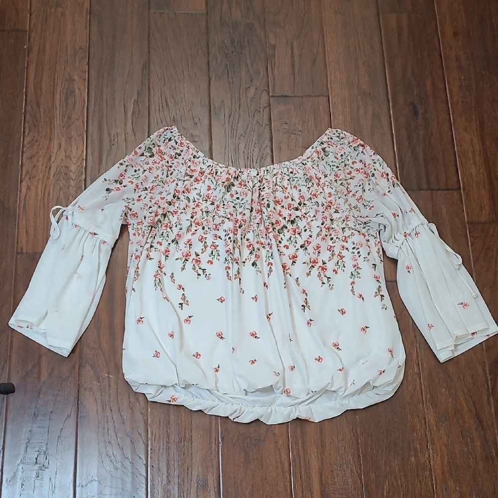 Ember Creamy White Floral Boho Off-the-Shoulder Blouse with Bell Sleeves size XL